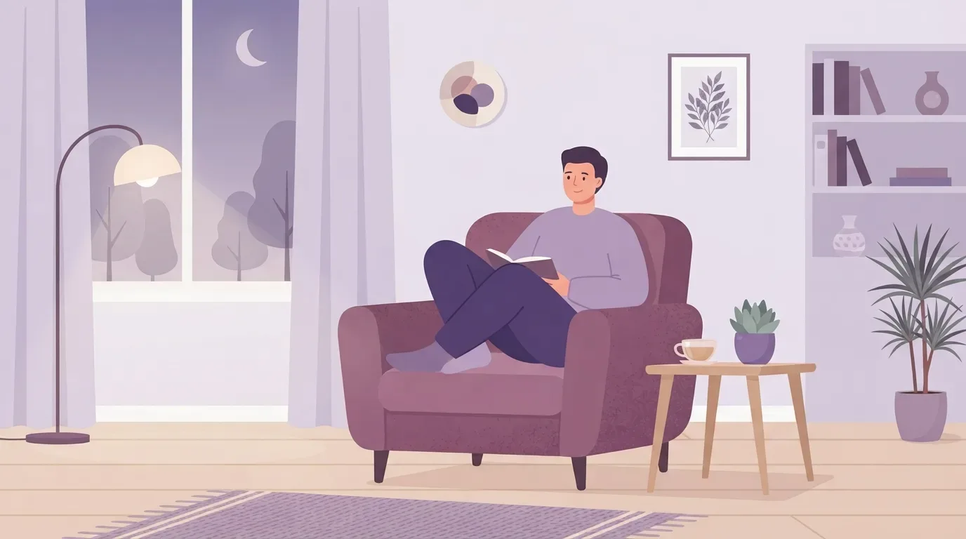 limpeza por demanda: Ilustração digital em estilo plano e aconchegante retratando uma noite tranquila em uma sala de estar limpa e organizada. Um homem está sentado de forma relaxada em uma poltrona roxa com as pernas recolhidas, lendo um livro com uma expressão serena. À esquerda, uma luminária de chão acesa projeta uma luz calorosa ao lado de uma grande janela, através da qual se vê a noite com uma lua crescente e silhuetas de árvores. À direita da poltrona, uma pequena mesa de centro de madeira apoia uma xícara de chá fumegante e um vasinho de planta. O ambiente é complementado por um tapete listrado roxo, um vaso de plantas alto e uma estante organizada ao fundo.