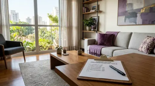 Fotografia em perspectiva de uma sala de estar moderna, limpa e bem iluminada. Em primeiríssimo plano, sobre uma mesa de centro de madeira, há uma prancheta com uma folha de papel timbrada: "CHECKLIST DE ORGANIZAÇÃO DA SALA". A lista mostra itens como "Limpeza", "Plantas", "Almofadas" e "Decoração" acompanhados de vistos verdes (checks), com uma caneta preta deitada sobre o papel. Ao fundo, o ambiente exibe um sofá cinza-claro com almofadas e manta na cor roxa, um quadro abstrato na parede, um tapete texturizado e uma grande porta de vidro de correr que se abre para uma varanda ensolarada repleta de plantas, revelando prédios urbanos ao fundo. (preço justo serviço de limpeza)