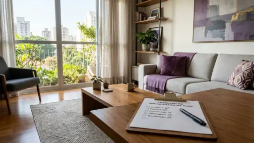 Fotografia em perspectiva de uma sala de estar moderna, limpa e bem iluminada. Em primeiríssimo plano, sobre uma mesa de centro de madeira, há uma prancheta com uma folha de papel timbrada: "CHECKLIST DE ORGANIZAÇÃO DA SALA". A lista mostra itens como "Limpeza", "Plantas", "Almofadas" e "Decoração" acompanhados de vistos verdes (checks), com uma caneta preta deitada sobre o papel. Ao fundo, o ambiente exibe um sofá cinza-claro com almofadas e manta na cor roxa, um quadro abstrato na parede, um tapete texturizado e uma grande porta de vidro de correr que se abre para uma varanda ensolarada repleta de plantas, revelando prédios urbanos ao fundo. (preço justo serviço de limpeza)