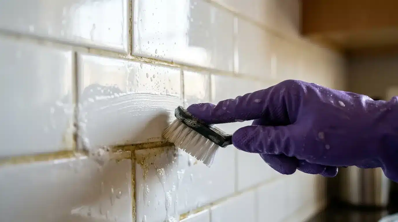 Um close-up extremo de uma mão usando uma luva de borracha roxa esfregando rejunte sujo e amarelado entre azulejos de metrô brancos molhados com uma pequena escova de limpeza preta. A superfície dos azulejos está coberta por espuma de limpeza branca e água, evidenciando a sujeira acumulada sendo removida. A ação de esfregar cria mais espuma ao redor da escova e do rejunte. O fundo está completamente desfocado, mantendo o foco nítido na mão, na escova e nos azulejos em processo de limpeza. (limpeza profunda em casa)