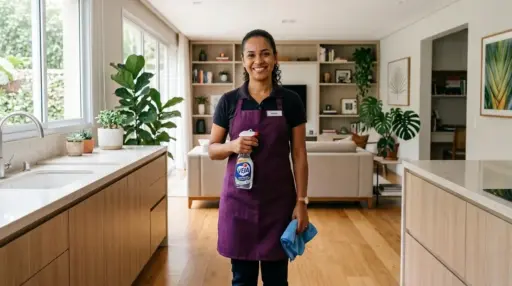 Fotografia realista e centralizada de uma profissional de limpeza negra sorridente em pé no meio de uma casa moderna e bem iluminada. Ela está de cabelos presos, veste uma camisa polo preta por baixo de um avental roxo-escuro com um crachá que diz "VÂNIA". Na mão direita, segura um frasco de spray de limpeza multiuso da marca "Veja" e, na mão esquerda, um pano de microfibra azul dobrado. Ela está posicionada no corredor entre balcões de madeira clara da cozinha, em primeiro plano. Ao fundo, a sala de estar ampla revela um sofá bege, estantes de livros embutidas, plantas decorativas como costela-de-adão e grandes janelas de vidro com vista para o jardim.