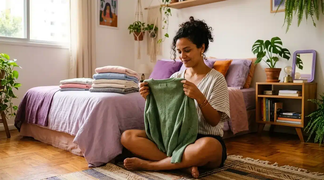 Uma mulher com cabelo cacheado preso em um coque senta-se de pernas cruzadas sobre um tapete estampado no chão de madeira de um quarto. Ela sorri suavemente enquanto segura e examina um suéter de tricô verde-claro com as duas mãos. Atrás dela, sobre uma cama com colcha lilás, há duas pilhas de roupas perfeitamente dobradas. À direita, um criado-mudo de madeira clara exibe livros, uma luminária dourada de mesa e um pequeno espelho com moldura roxa, cercado por vasos de plantas suspensas e decorativas nas paredes. (declutter em casa)