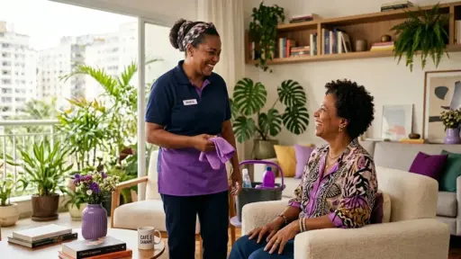 Fotografia realista em ambiente iluminado de duas mulheres negras conversando e sorrindo alegremente em uma sala de estar. À esquerda, uma profissional da limpeza está de pé; ela veste uma camisa polo azul-escura com gola roxa, um avental roxo e um lenço estampado na cabeça. Seu crachá traz o nome "MÁRCIA" e ela segura um pano de microfibra roxo. À direita, a cliente está sentada confortavelmente em uma poltrona felpuda texturizada, vestindo uma blusa estampada em tons de roxo e bege. Entre elas, no chão, há um balde de limpeza cinza com produtos. A sala é decorada com muitas plantas verdes, uma estante de livros ao fundo e uma mesa de centro em primeiro plano que exibe livros, um vaso lilás com flores e uma caneca branca onde se lê "CAFÉ E CARINHO". (feedback para diarista)