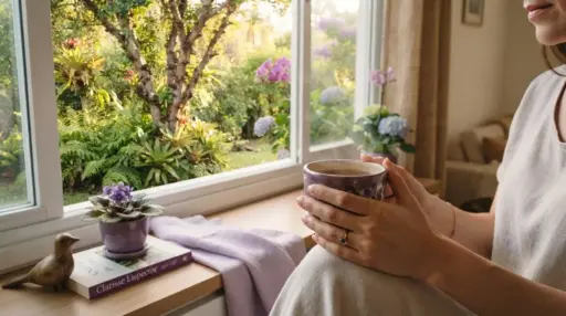 Fotografia realista em plano detalhe focada nas mãos de uma pessoa segurando uma caneca de cerâmica artesanal roxa com detalhes florais, de onde emana o vapor de uma bebida quente. A pessoa está sentada perto de uma ampla janela de madeira. No parapeito interno da janela, estão organizados um livro da autora Clarice Lispector, um pequeno pássaro decorativo de madeira, uma manta lilás clara dobrada e um vaso de violetas roxas. Através do vidro, abre-se a vista para um jardim externo ensolarado e bem cuidado, repleto de folhagens verdes e flores de hortênsia em tons de rosa e roxo. (diaristas)