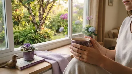 Fotografia realista em plano detalhe focada nas mãos de uma pessoa segurando uma caneca de cerâmica artesanal roxa com detalhes florais, de onde emana o vapor de uma bebida quente. A pessoa está sentada perto de uma ampla janela de madeira. No parapeito interno da janela, estão organizados um livro da autora Clarice Lispector, um pequeno pássaro decorativo de madeira, uma manta lilás clara dobrada e um vaso de violetas roxas. Através do vidro, abre-se a vista para um jardim externo ensolarado e bem cuidado, repleto de folhagens verdes e flores de hortênsia em tons de rosa e roxo. (diaristas)