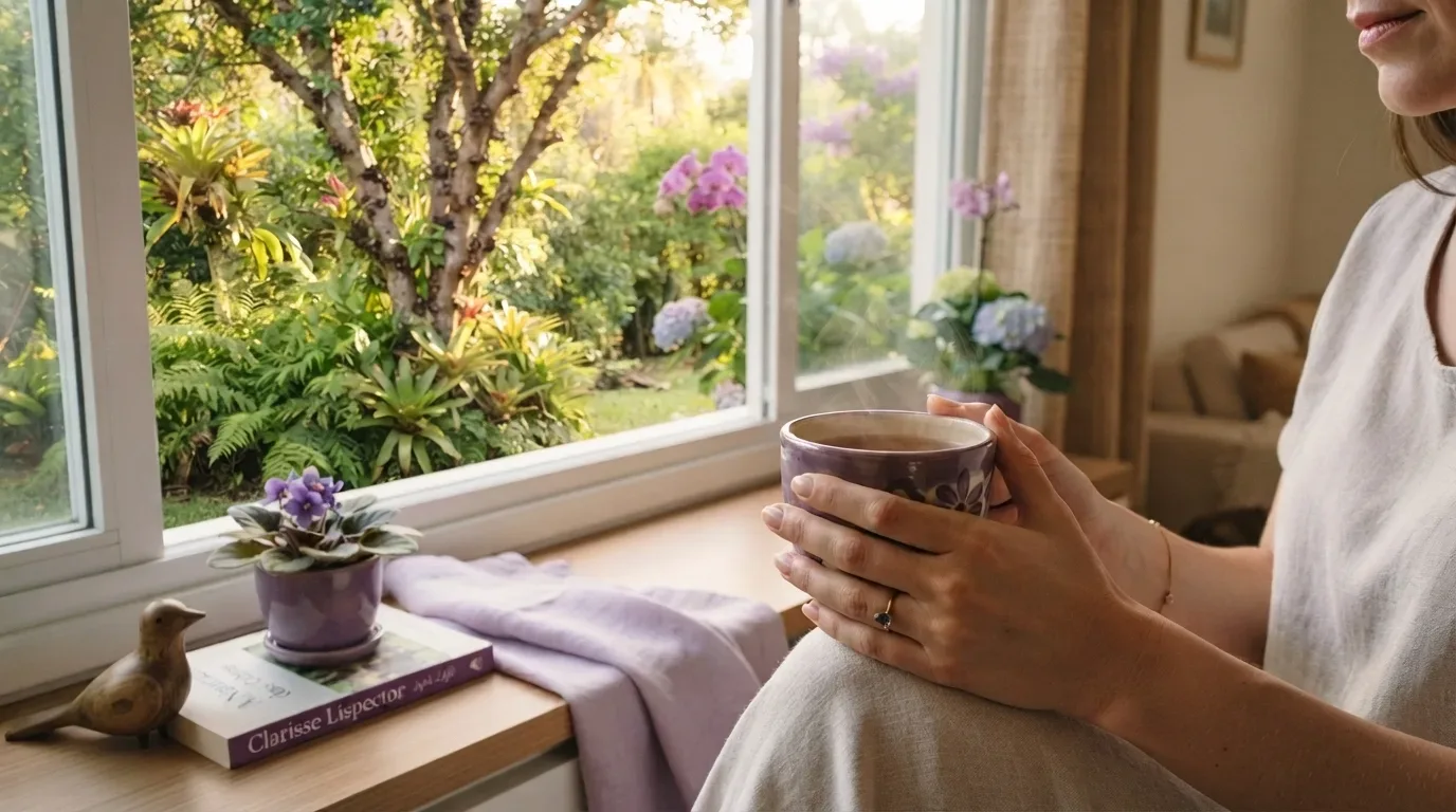 Fotografia realista em plano detalhe focada nas mãos de uma pessoa segurando uma caneca de cerâmica artesanal roxa com detalhes florais, de onde emana o vapor de uma bebida quente. A pessoa está sentada perto de uma ampla janela de madeira. No parapeito interno da janela, estão organizados um livro da autora Clarice Lispector, um pequeno pássaro decorativo de madeira, uma manta lilás clara dobrada e um vaso de violetas roxas. Através do vidro, abre-se a vista para um jardim externo ensolarado e bem cuidado, repleto de folhagens verdes e flores de hortênsia em tons de rosa e roxo. (diaristas)
