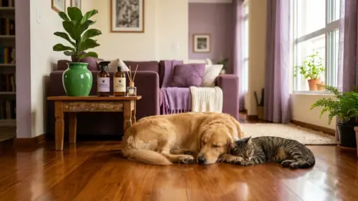Fotografia em plano médio e ângulo baixo ambientada em uma sala de estar acolhedora e ensolarada. Um cão da raça Golden Retriever e um gato listrado cinza dormem juntos e encolhidos sobre o piso de madeira polido. Ao fundo, sobre uma pequena mesa lateral de madeira, destacam-se um vaso verde com uma planta, frascos de produto de limpeza em vidro âmbar com rótulos de pegadas pet e um aromatizador de varetas. A sala exibe um sofá roxo com mantas aconchegantes e cortinas lilases ao lado de uma grande janela. (produtos de limpeza seguros para pets)
