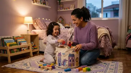 Fotografia em plano inteiro de uma mãe e sua filha pequena organizando brinquedos juntas no chão do quarto. A mãe, usando um suéter de tricô roxo e calça jeans, sorri ajoelhada ao lado da garotinha vestida com pijama listrado. Ambas colocam blocos de madeira coloridos dentro de um cesto organizador de tecido estampado com desenhos de casinhas e animais. Mais blocos de montar estão espalhados sobre um tapete com estampas em tons de lilás. Ao fundo, a iluminação acolhedora de um abajur ilumina uma estante baixa de livros e a cama arrumada ao lado da janela. (organização com filhos pequenos)