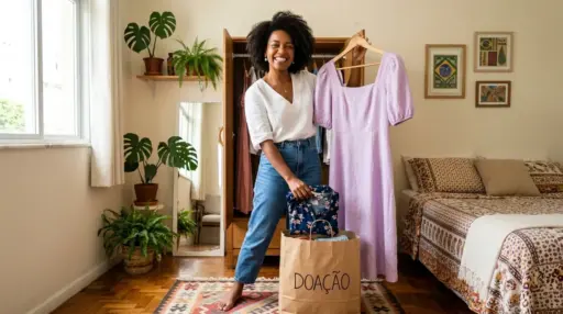 Uma mulher negra sorridente, com cabelo crespo volumoso, está em pé no centro de um quarto aconchegante organizando suas roupas. Ela veste blusa branca e calça jeans. Com uma das mãos, segura um cabide de madeira com um vestido longo lilás; com a outra, coloca uma blusa azul com estampas florais dentro de uma sacola de papel pardo posicionada no chão, onde está escrito "DOAÇÃO" em letras pretas. Ao fundo, há uma cama arrumada com colcha estampada à direita, plantas decorativas e um espelho de corpo inteiro à esquerda, e um guarda-roupa de madeira aberto. (como organizar o armario)