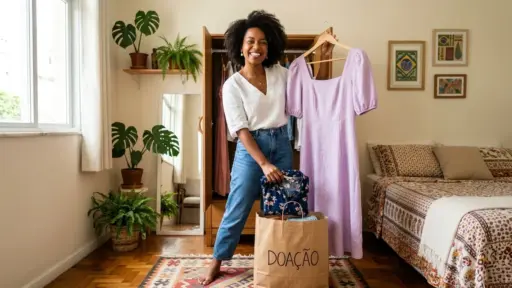 Uma mulher negra sorridente, com cabelo crespo volumoso, está em pé no centro de um quarto aconchegante organizando suas roupas. Ela veste blusa branca e calça jeans. Com uma das mãos, segura um cabide de madeira com um vestido longo lilás; com a outra, coloca uma blusa azul com estampas florais dentro de uma sacola de papel pardo posicionada no chão, onde está escrito "DOAÇÃO" em letras pretas. Ao fundo, há uma cama arrumada com colcha estampada à direita, plantas decorativas e um espelho de corpo inteiro à esquerda, e um guarda-roupa de madeira aberto. (como organizar o armario)