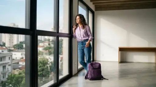 Fotografia realista e iluminada por luz natural de uma mulher jovem de cabelos cacheados castanhos, vestindo camisa social lilás e calça jeans azul. Ela está em pé, apoiada contra uma grande parede de janelas de vidro com esquadrias pretas que vão do chão ao teto, olhando pensativa para a vista externa de uma cidade com prédios e árvores. O apartamento está amplo, limpo e praticamente vazio, com piso de concreto polido claro e uma mesa de madeira minimalista ao fundo. Uma mochila de lona roxo-escura está pousada no chão, encostada na base da janela ao lado de seus pés. (limpeza antes de mudar)