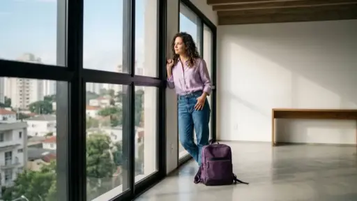 Fotografia realista e iluminada por luz natural de uma mulher jovem de cabelos cacheados castanhos, vestindo camisa social lilás e calça jeans azul. Ela está em pé, apoiada contra uma grande parede de janelas de vidro com esquadrias pretas que vão do chão ao teto, olhando pensativa para a vista externa de uma cidade com prédios e árvores. O apartamento está amplo, limpo e praticamente vazio, com piso de concreto polido claro e uma mesa de madeira minimalista ao fundo. Uma mochila de lona roxo-escura está pousada no chão, encostada na base da janela ao lado de seus pés. (limpeza antes de mudar)