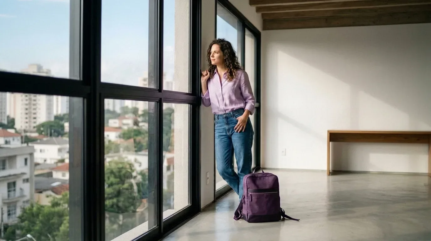 Fotografia realista e iluminada por luz natural de uma mulher jovem de cabelos cacheados castanhos, vestindo camisa social lilás e calça jeans azul. Ela está em pé, apoiada contra uma grande parede de janelas de vidro com esquadrias pretas que vão do chão ao teto, olhando pensativa para a vista externa de uma cidade com prédios e árvores. O apartamento está amplo, limpo e praticamente vazio, com piso de concreto polido claro e uma mesa de madeira minimalista ao fundo. Uma mochila de lona roxo-escura está pousada no chão, encostada na base da janela ao lado de seus pés. (limpeza antes de mudar)