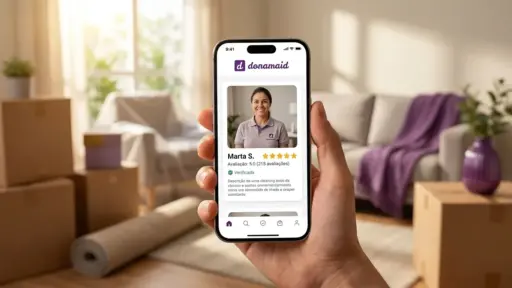 Close-up de uma mão segurando um smartphone em primeiro plano. A tela do aparelho exibe o aplicativo de serviços domésticos donamaid com o perfil de uma profissional de limpeza chamada "Marta S.", apresentando sua foto sorridente, classificação de 5 estrelas (com 215 avaliações) e o selo verde de "Verificada". O fundo da imagem está bastante desfocado, mas revela uma sala de estar ensolarada com caixas de papelão de mudança empilhadas, um tapete enrolado e um sofá com uma manta roxa ao fundo. (encontrar diarista em cidade nova)