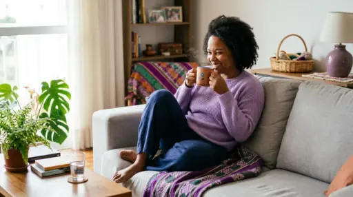 Fotografia acolhedora de uma mulher negra sorridente sentada de pernas cruzadas em um sofá cinza, segurando uma caneca marrom com estampa de flor da qual sai fumaça. Ela veste um suéter de tricô lilás e calça azul-escuro, cercada por uma manta colorida com detalhes em roxo e verde. Em primeiro plano, uma mesa de centro de madeira apoia um copo d'água, livros e um vaso de samambaia, enquanto o fundo bem iluminado revela uma estante de livros e uma planta Costela-de-Adão próxima à janela da varanda. (preparar casa para diarista)