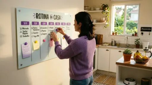 Uma mulher com cabelo escuro preso, vista de costas, está de pé diante de um grande quadro branco de vidro montado na parede de uma cozinha caseira organizada. Ela usa pequenos ímãs redondos para fixar um lembrete (post-it) no quadro, na seção correspondente a "QUI" (Quinta-feira). O quadro tem o título "ROTINA DA CASA" e colunas para os dias da semana ("SEG" a "DOM"), cada uma com tarefas domésticas e horários listados (ex: "SEG: Mercado", "TER: Faxina Banheiros"). Vários lembretes coloridos e ímãs já estão fixados. A mulher veste um suéter de tricô lavanda. A cozinha ao fundo tem armários brancos, uma bancada de madeira, uma janela brilhante com vista para folhagens e uma prateleira aberta com louças e plantas. (planejamento doméstico semanal)
