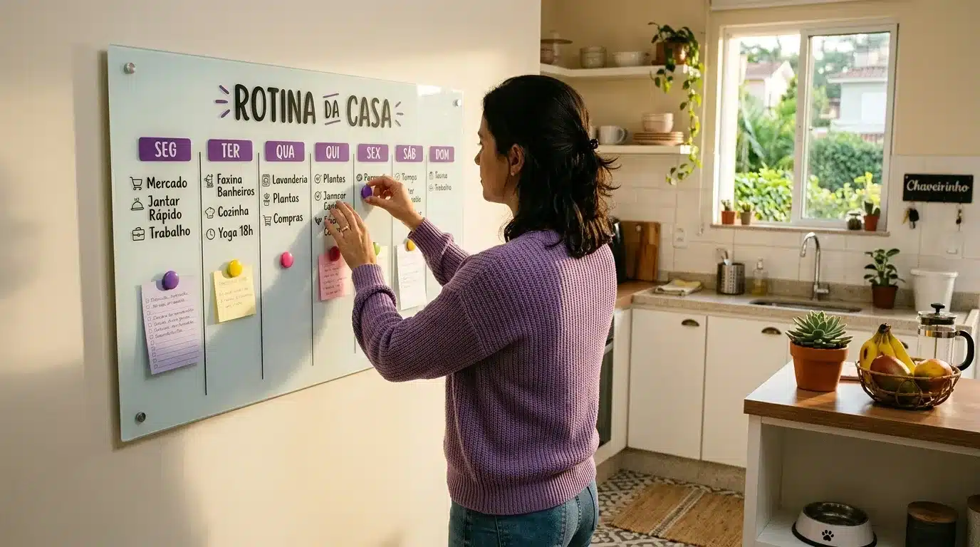 Uma mulher com cabelo escuro preso, vista de costas, está de pé diante de um grande quadro branco de vidro montado na parede de uma cozinha caseira organizada. Ela usa pequenos ímãs redondos para fixar um lembrete (post-it) no quadro, na seção correspondente a "QUI" (Quinta-feira). O quadro tem o título "ROTINA DA CASA" e colunas para os dias da semana ("SEG" a "DOM"), cada uma com tarefas domésticas e horários listados (ex: "SEG: Mercado", "TER: Faxina Banheiros"). Vários lembretes coloridos e ímãs já estão fixados. A mulher veste um suéter de tricô lavanda. A cozinha ao fundo tem armários brancos, uma bancada de madeira, uma janela brilhante com vista para folhagens e uma prateleira aberta com louças e plantas. (planejamento doméstico semanal)