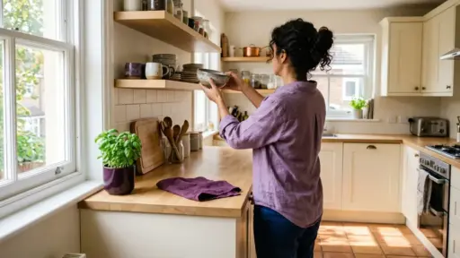 Fotografia em plano médio mostrando uma mulher de costas com o cabelo preso em um coque, vestindo uma camisa lilás de mangas dobradas. Ela está na cozinha arrumando a louça, guardando uma tigela de cerâmica artesanal em uma prateleira flutuante de madeira clara. A bancada de madeira abaixo exibe um vaso roxo com uma muda de manjericão, um pano de prato roxo dobrado e utensílios de madeira. O fundo traz armários planejados na cor creme, paredes com azulejos brancos e uma janela por onde entra a iluminação do dia. (manutenção diária da casa)
