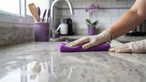 Fotografia em close-up focada em mãos protegidas por luvas de borracha bege limpando uma bancada de granito claro ponteado. A mão segura um pano de microfibra roxo dobrado e desliza sobre a pedra polida, que reflete a luz da janela. Ao fundo e de forma suavemente desfocada, avistam-se a torneira de uma pia de inox, um porta-utensílios roxo com colheres de madeira e um vaso de orquídea ao lado de uma parede com azulejos brancos. (como limpar superfícies da cozinha)