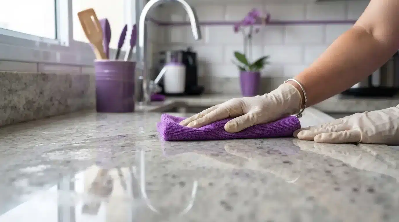Fotografia em close-up focada em mãos protegidas por luvas de borracha bege limpando uma bancada de granito claro ponteado. A mão segura um pano de microfibra roxo dobrado e desliza sobre a pedra polida, que reflete a luz da janela. Ao fundo e de forma suavemente desfocada, avistam-se a torneira de uma pia de inox, um porta-utensílios roxo com colheres de madeira e um vaso de orquídea ao lado de uma parede com azulejos brancos. (como limpar superfícies da cozinha)