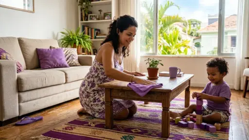 Fotografia em plano médio ambientada em uma sala de estar acolhedora e bem iluminada pela luz natural de uma grande janela. Uma mulher de vestido estampado em tons de roxo está ajoelhada sobre um tapete decorativo, limpando a superfície de uma mesa de centro de madeira com um pano de microfibra roxo. Ao lado dela, sentado no tapete, um garotinho de camiseta roxa brinca alegremente empilhando blocos de madeira coloridos. Ao fundo, veem-se um sofá bege com almofadas roxas e uma estante recheada de livros e plantas. (limpeza segura para crianças)