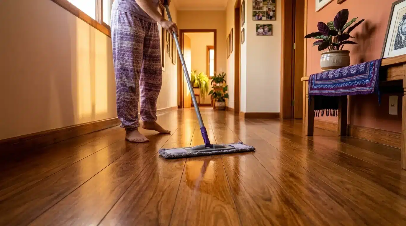 Fotografia em ângulo baixo acompanhando o deslizar de um Mop plano de microfibra roxa sobre um piso de madeira maciça limpo e polido. Em primeiro plano, a pessoa que opera o Mop aparece da cintura para baixo, descalça e vestindo uma calça estampada em tons de roxo. O corredor é aquecido pela luz solar dourada do entardecer e exibe uma parede decorada em tom terracota com um banco de madeira, vasos de plantas e quadros. (como limpar piso)