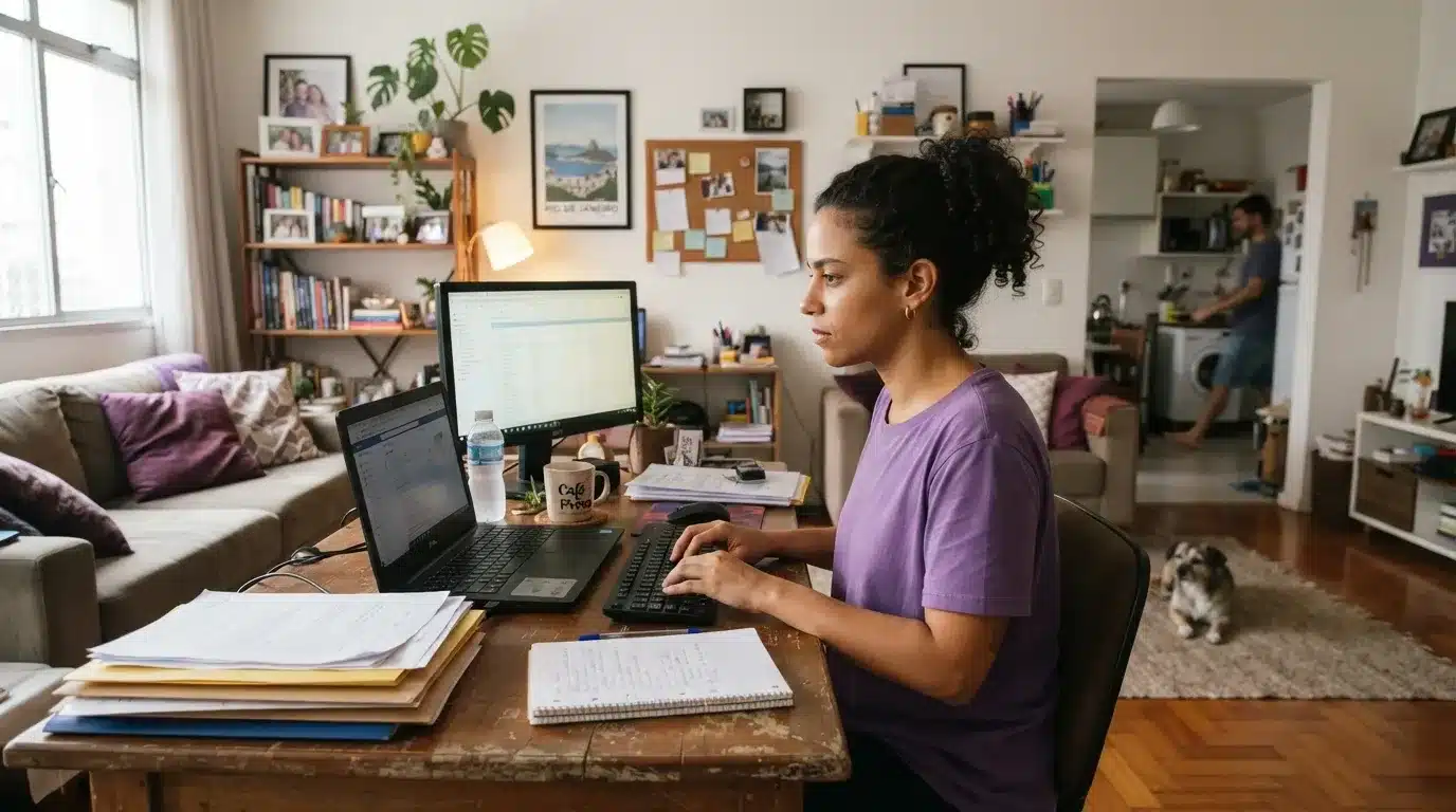 Fotografia em plano médio de uma mulher de cabelos cacheados presos em um rabo de cavalo, vestindo camiseta roxa enquanto trabalha em seu home office. Ela digita em um teclado diante de um notebook conectado a um monitor secundário sobre uma mesa de madeira repleta de documentos, cadernos e uma caneca com a inscrição "Café com Prosa". O ambiente integrado mostra a sala de estar ao fundo, um cão deitado sobre o tapete e um homem caminhando próximo à cozinha.