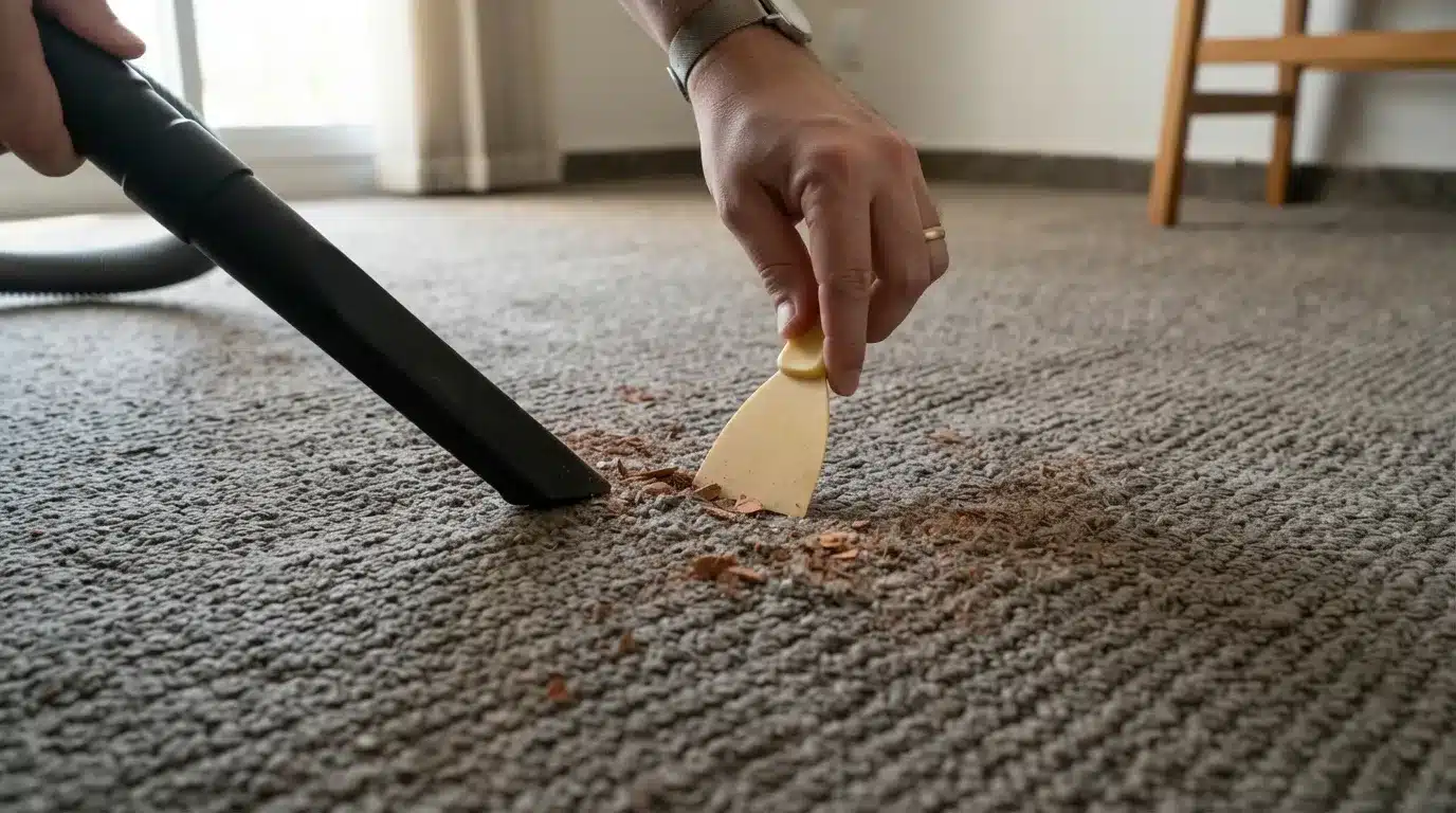 Fotografia em plano fechado detalhando a limpeza de sujeira seca em um carpete cinza encorpado. Uma mão utiliza uma pequena espátula plástica amarela para raspar e soltar crostas de barro seco presas às fibras do carpete, enquanto a outra mão posiciona o bocal fino de um aspirador de pó preto ao lado para chupar os resíduos desprendidos.