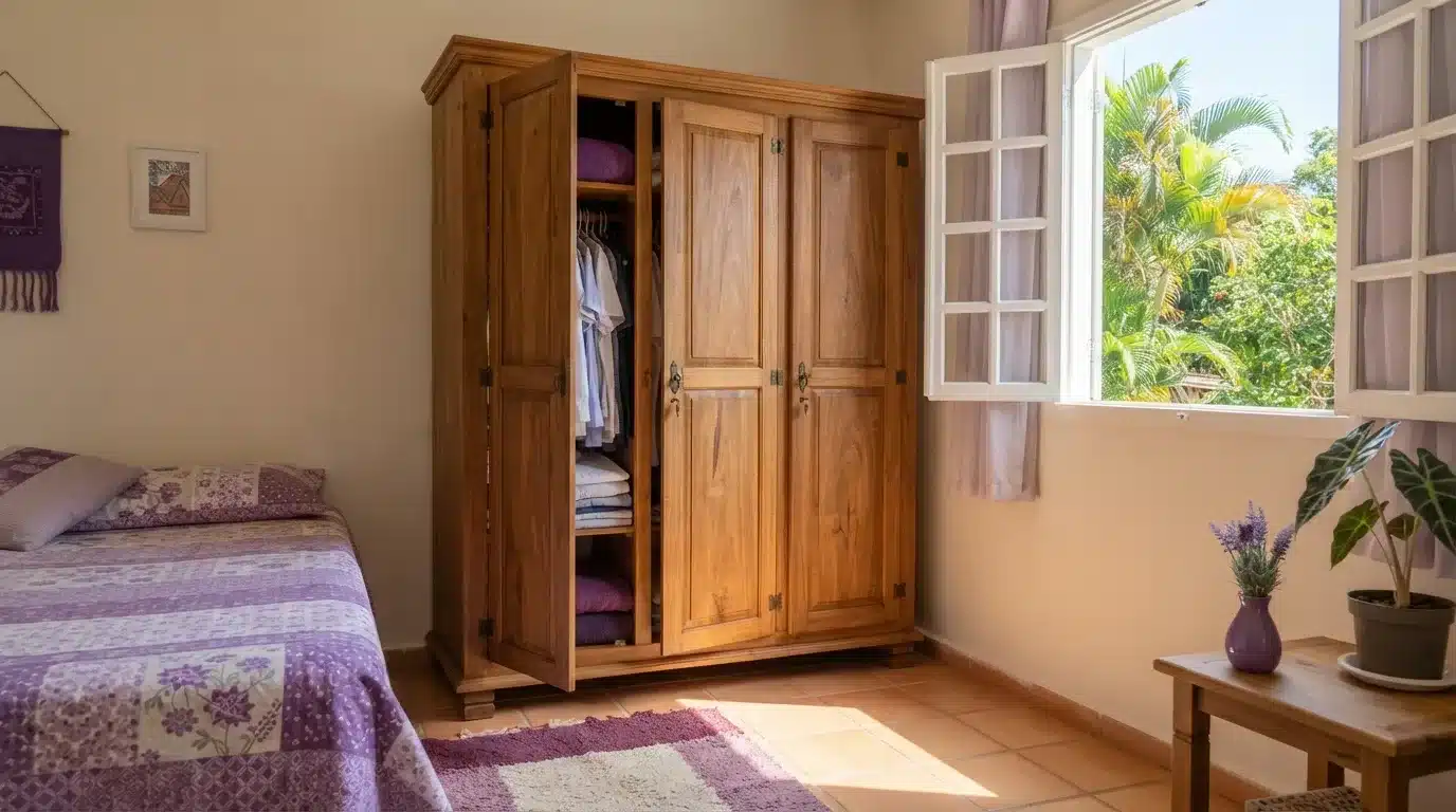 Fotografia em plano aberto de um quarto bem iluminado com piso de tijolo terracota. Um guarda-roupa de madeira maciça tem uma das portas abertas, exibindo roupas organizadas em cabides e mantas roxas dobradas nas prateleiras. À esquerda, a cama de solteiro está arrumada com colcha em tons de lilás e roxo, acompanhada por um tapete artesanal roxo. À direita, uma janela de madeira aberta revela árvores e luz natural do lado de fora.
