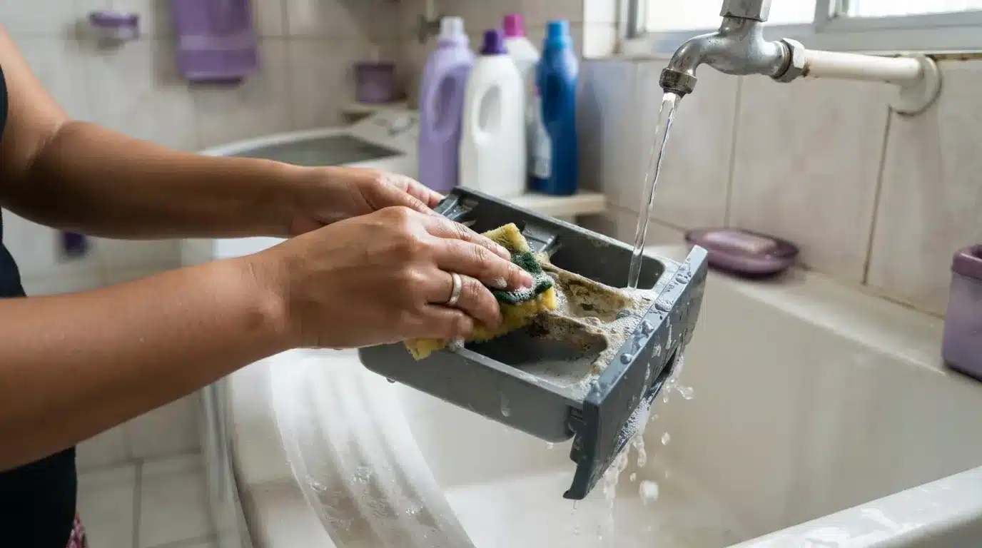 Fotografia em plano fechado das mãos de uma pessoa lavando a gaveta dispensadora de sabão removível de uma máquina de lavar no tanque. Sob a água corrente da torneira, ela utiliza a parte amarela de uma esponja ensaboada para esfregar e remover o acúmulo de resíduos no compartimento de plástico cinza. Ao fundo desfocado, observam-se frascos de produtos de limpeza.