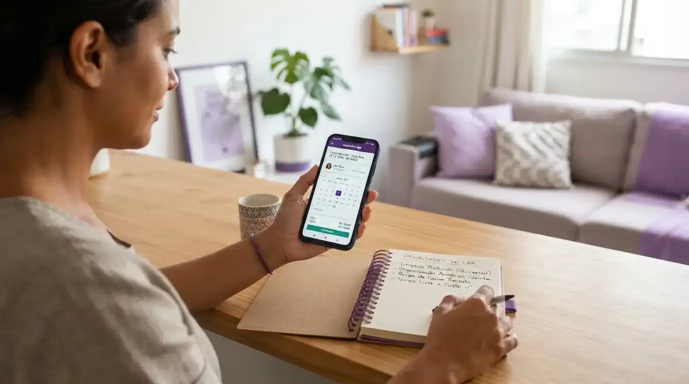 Fotografia em plano próximo de uma mulher segurando um smartphone que exibe a interface roxa e branca de um aplicativo de agendamento de serviços. Sobre a bancada de madeira, há um caderno aberto com anotações manuais sob o título "PRIORIDADES DO LAR", listando tarefas e uma caneta em sua mão. Ao fundo desfocado, observa-se uma sala de estar aconchegante com sofá claro e almofadas roxas.