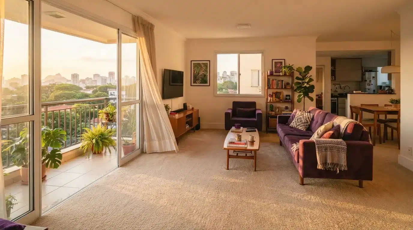 Fotografia em plano aberto de uma sala de estar ampla e acolhedora, iluminada pela luz dourada do entardecer. O ambiente possui carpete bege cobrindo todo o piso, um sofá roxo com manta e almofadas, mesa de centro de madeira e rack com televisão. Grandes portas de vidro de correr dão acesso a uma varanda com vasos de plantas e vista panorâmica para o horizonte da cidade. Ao fundo, veem-se uma poltrona roxa, estante de livros e a integração com a sala de jantar.