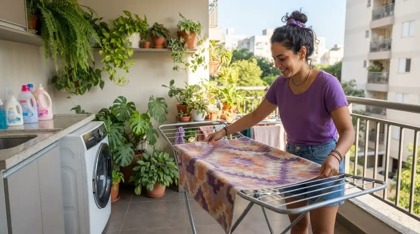 Fotografia em plano médio de uma mulher sorridente com cabelos presos em coque, vestindo camiseta roxa e shorts jeans. Ela estende um tapete pequeno com estampa geométrica em tons de roxo, laranja e bege sobre um varal de chão metálico em uma varanda integrada à lavanderia. O ambiente ensolarado é repleto de vasos de plantas com folhagens verdes, máquina de lavar roupas e produtos de limpeza sobre a bancada.