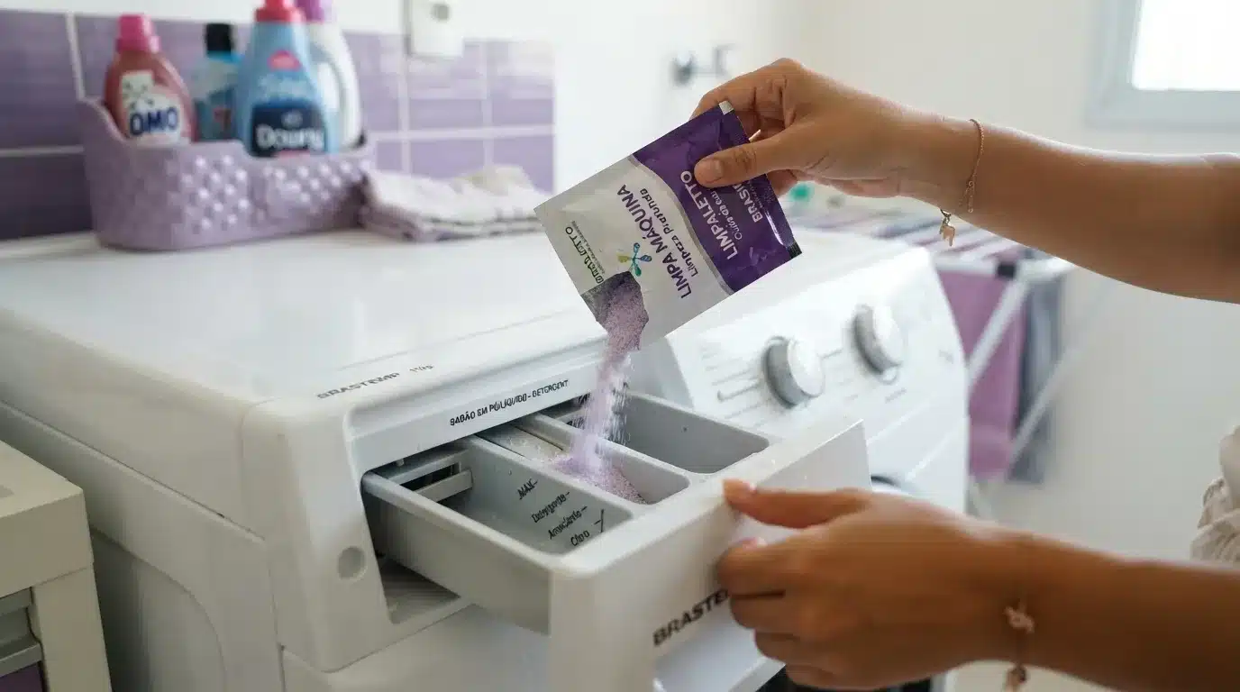 Fotografia em plano próximo das mãos de uma pessoa despejando o conteúdo em pó roxo de um sachê etiquetado como "LIMPA MÁQUINA - Limpeza Profunda" na gaveta dispensadora de sabão de uma máquina de lavar roupas branca da marca Brastemp. Ao fundo, veem-se frascos de sabão líquido e amaciante organizados em um cesto roxo sobre a máquina.
