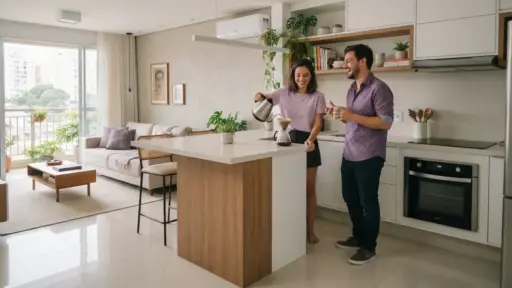 Fotografia em plano aberto de um casal sorridente preparando café coado no balcão de uma cozinha americana integrada. A mulher, vestindo blusa lilás, passa água quente com uma chaleira de inox sobre o passador de vidro, enquanto o homem, vestindo camisa estampada em tom roxo e jeans, segura uma xícara e conversa animadamente. O apartamento iluminado exibe móveis planejados, plantas decorativas e acesso a uma varanda ensolarada.