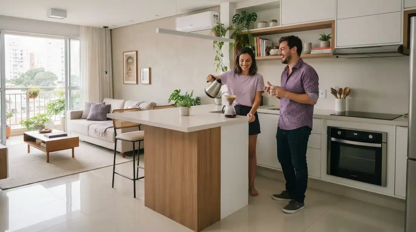 Fotografia em plano aberto de um casal sorridente preparando café coado no balcão de uma cozinha americana integrada. A mulher, vestindo blusa lilás, passa água quente com uma chaleira de inox sobre o passador de vidro, enquanto o homem, vestindo camisa estampada em tom roxo e jeans, segura uma xícara e conversa animadamente. O apartamento iluminado exibe móveis planejados, plantas decorativas e acesso a uma varanda ensolarada.