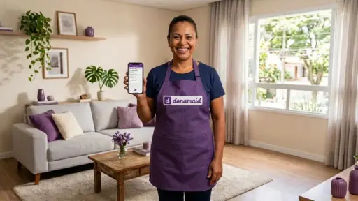 Fotografia em plano médio de uma profissional de limpeza sorrindo em pé no centro de uma sala de estar bem decorada. Ela veste camiseta escura e um avental roxo com o logotipo da marca "donamaid" impresso em branco no peito. Com a mão direita, ela segura e exibe um smartphone virado para a câmera, mostrando a tela do aplicativo de serviços. Ao fundo, veem-se um sofá cinza com almofadas roxas e claras, um vaso de flores roxas sobre a mesa de centro de madeira e uma grande janela iluminada.