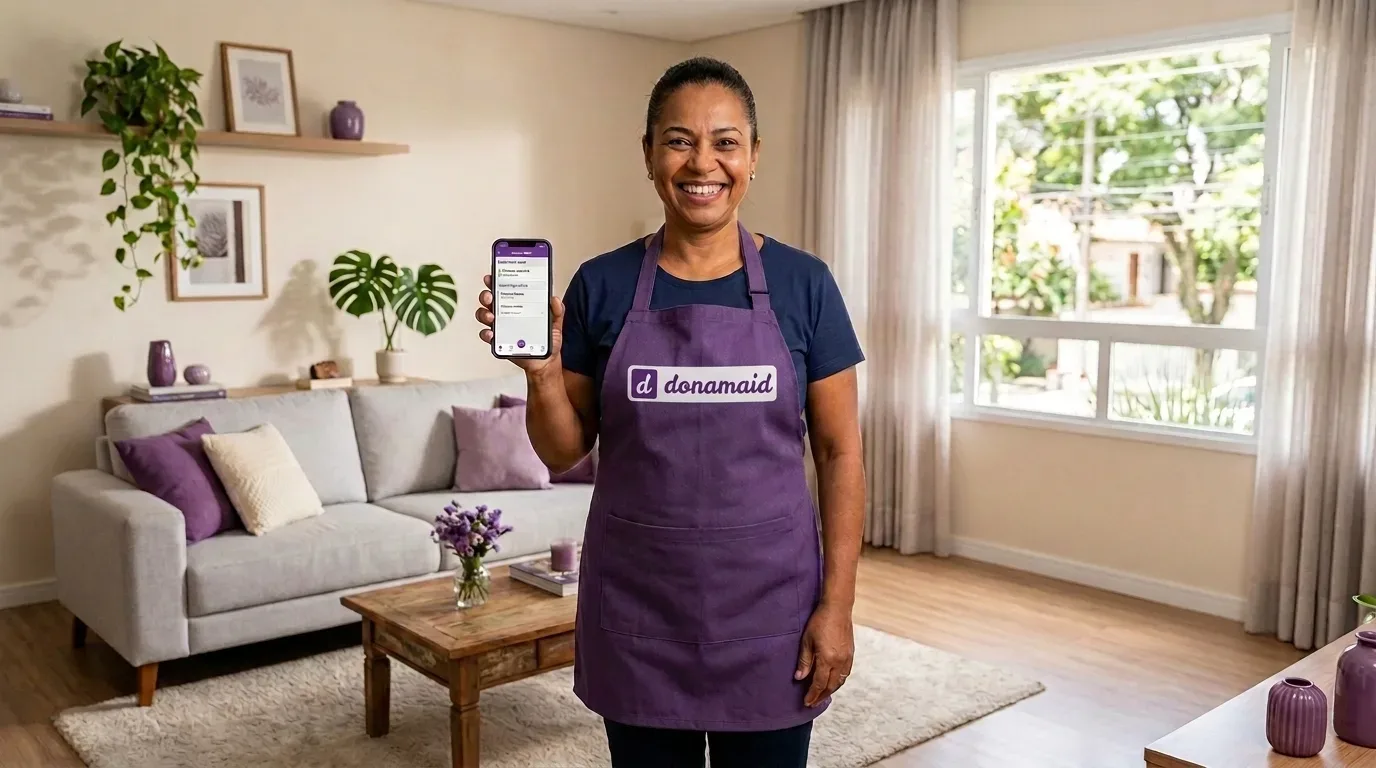 Fotografia em plano médio de uma profissional de limpeza sorrindo em pé no centro de uma sala de estar bem decorada. Ela veste camiseta escura e um avental roxo com o logotipo da marca "donamaid" impresso em branco no peito. Com a mão direita, ela segura e exibe um smartphone virado para a câmera, mostrando a tela do aplicativo de serviços. Ao fundo, veem-se um sofá cinza com almofadas roxas e claras, um vaso de flores roxas sobre a mesa de centro de madeira e uma grande janela iluminada.