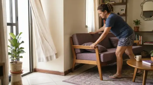 Fotografia em plano médio de uma mulher de camiseta azul e shorts estampado inclinando-se para afastar um sofá roxo com estrutura de madeira da parede, promovendo a circulação de ar. A sala é iluminada e ventilada, com uma cortina clara balançando ao vento vindo da janela de vidro. O piso possui tapete roxo estampado, mesa de centro circular e vasos decorativos ao fundo.
