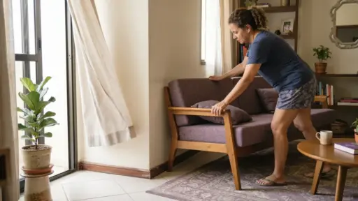 Fotografia em plano médio de uma mulher de camiseta azul e shorts estampado inclinando-se para afastar um sofá roxo com estrutura de madeira da parede, promovendo a circulação de ar. A sala é iluminada e ventilada, com uma cortina clara balançando ao vento vindo da janela de vidro. O piso possui tapete roxo estampado, mesa de centro circular e vasos decorativos ao fundo.