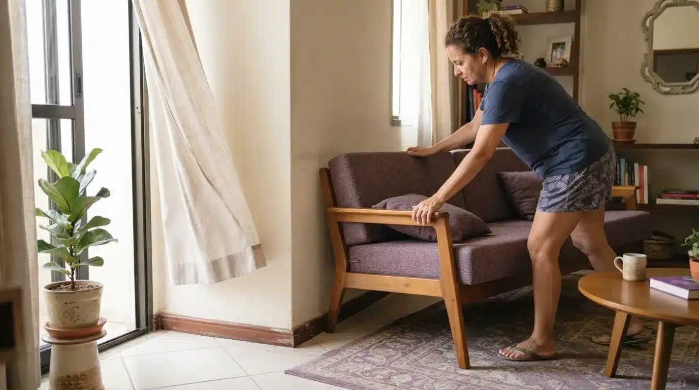 Fotografia em plano médio de uma mulher de camiseta azul e shorts estampado inclinando-se para afastar um sofá roxo com estrutura de madeira da parede, promovendo a circulação de ar. A sala é iluminada e ventilada, com uma cortina clara balançando ao vento vindo da janela de vidro. O piso possui tapete roxo estampado, mesa de centro circular e vasos decorativos ao fundo.