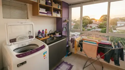 Fotografia em plano aberto de uma lavanderia de apartamento organizada e iluminada pelo pôr do sol. À esquerda, uma máquina de lavar roupas vertical branca de 12 kg com detalhes em roxo está com a tampa aberta. Ao centro, há uma bancada de granito escuro com pia e armários planejados, abaixo de prateleiras de madeira com toalhas dobradas em tons de roxo e lilás. À direita, um varal de chão metálico ao lado de uma janela ampla exibe diversas peças de roupa penduradas para secar com vista para árvores e casas.