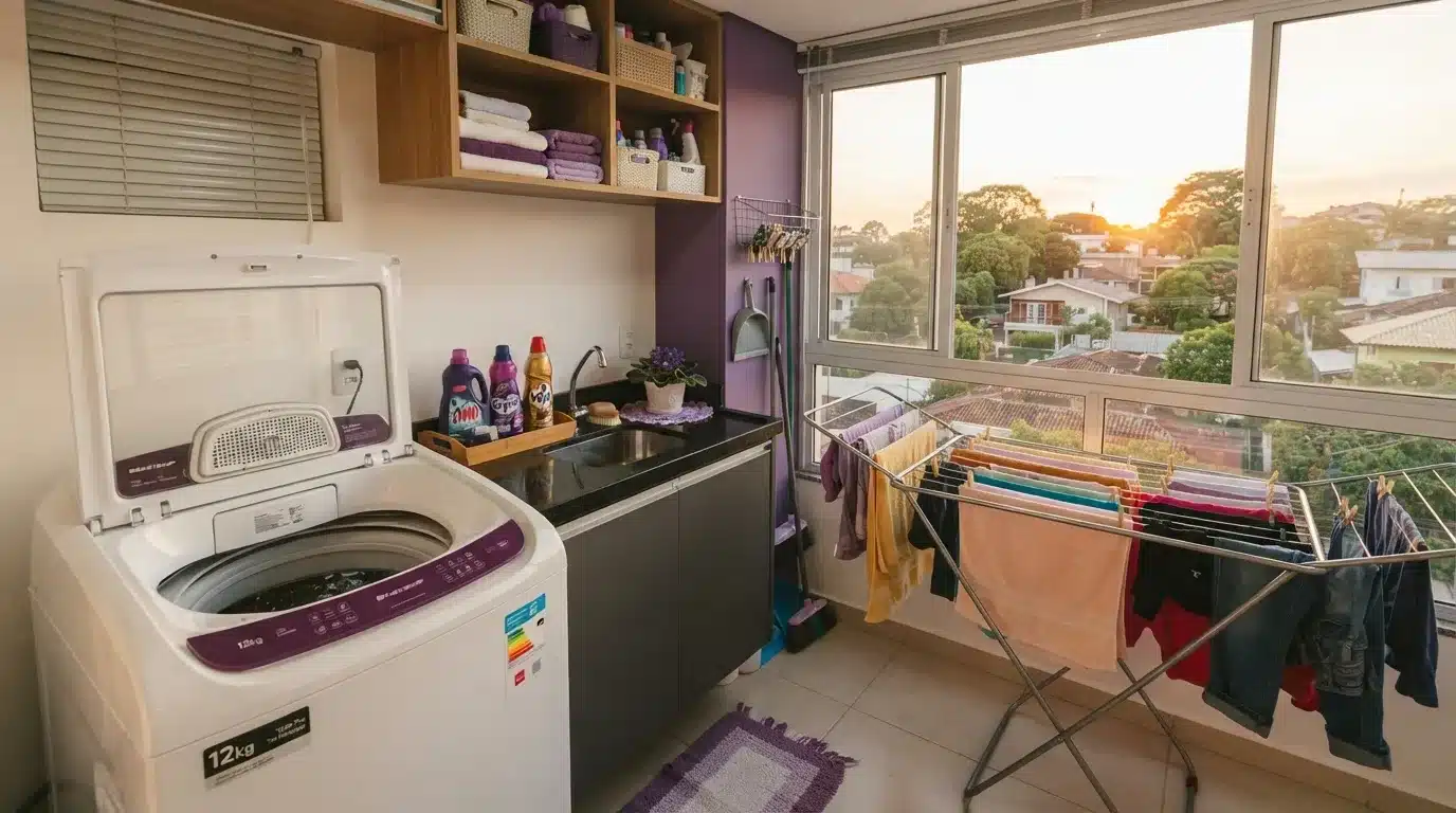 Fotografia em plano aberto de uma lavanderia de apartamento organizada e iluminada pelo pôr do sol. À esquerda, uma máquina de lavar roupas vertical branca de 12 kg com detalhes em roxo está com a tampa aberta. Ao centro, há uma bancada de granito escuro com pia e armários planejados, abaixo de prateleiras de madeira com toalhas dobradas em tons de roxo e lilás. À direita, um varal de chão metálico ao lado de uma janela ampla exibe diversas peças de roupa penduradas para secar com vista para árvores e casas.