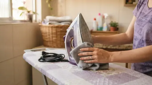 Fotografia em plano médio detalhando a manutenção de um ferro a vapor roxo sobre uma tábua de passar com capa floral. Uma pessoa utiliza um pano de microfibra cinza para limpar e polir a base metálica do ferro posicionado na vertical. Ao lado, o cabo de energia está enrolado sobre a tábua, e ao fundo veem-se um cesto de palha com roupas e frascos de produtos de limpeza.