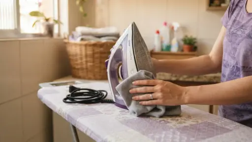 Fotografia em plano médio detalhando a manutenção de um ferro a vapor roxo sobre uma tábua de passar com capa floral. Uma pessoa utiliza um pano de microfibra cinza para limpar e polir a base metálica do ferro posicionado na vertical. Ao lado, o cabo de energia está enrolado sobre a tábua, e ao fundo veem-se um cesto de palha com roupas e frascos de produtos de limpeza.