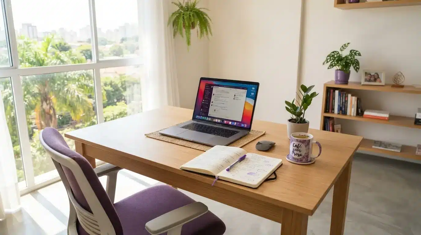Fotografia em plano aberto de um espaço de home office aconchegante e bem iluminado pela luz natural de uma janela ampla. Sobre a escrivaninha de madeira clara, veem-se uma cadeira ergonômica de estofado roxo, um notebook aberto, mouse, caderno espiral com anotações manuais, um pequeno vaso de planta e uma caneca com a inscrição "Café com Prosa". Ao fundo, destacam-se prateleiras de madeira organizadas com livros e plantas suspensas.