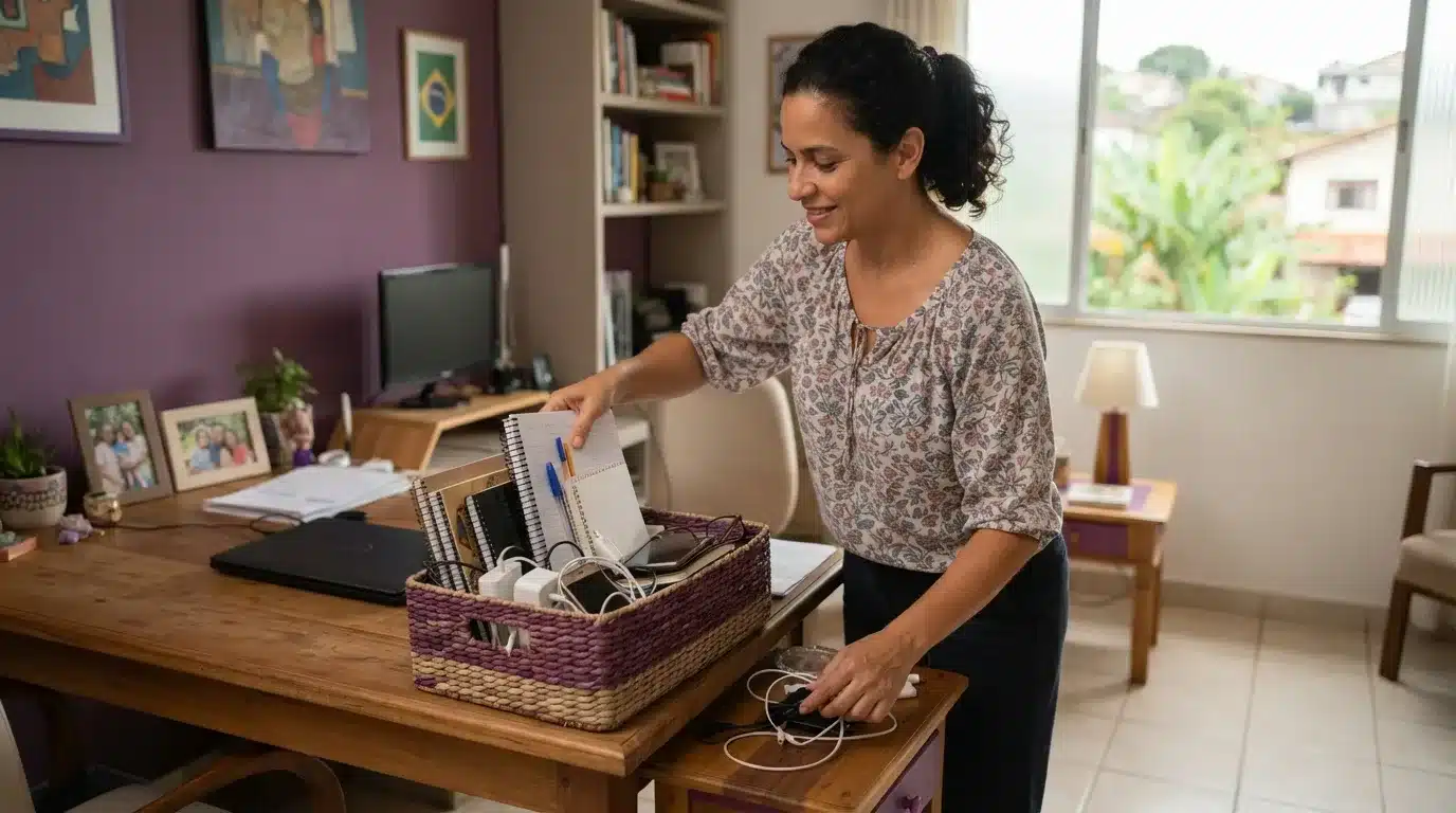 Fotografia em plano médio de uma mulher sorridente de cabelos cacheados presos, vestindo uma blusa estampada e calça escura, organizando seu espaço de trabalho em casa. Ela guarda cadernos, canetas e cabos dentro de um cesto organizador de palha trançada com detalhe roxo sobre uma escrivaninha de madeira. Ao fundo, veem-se um notebook fechado, porta-retratos, uma parede de destaque roxa com quadros e uma janela ampla voltada para o bairro.