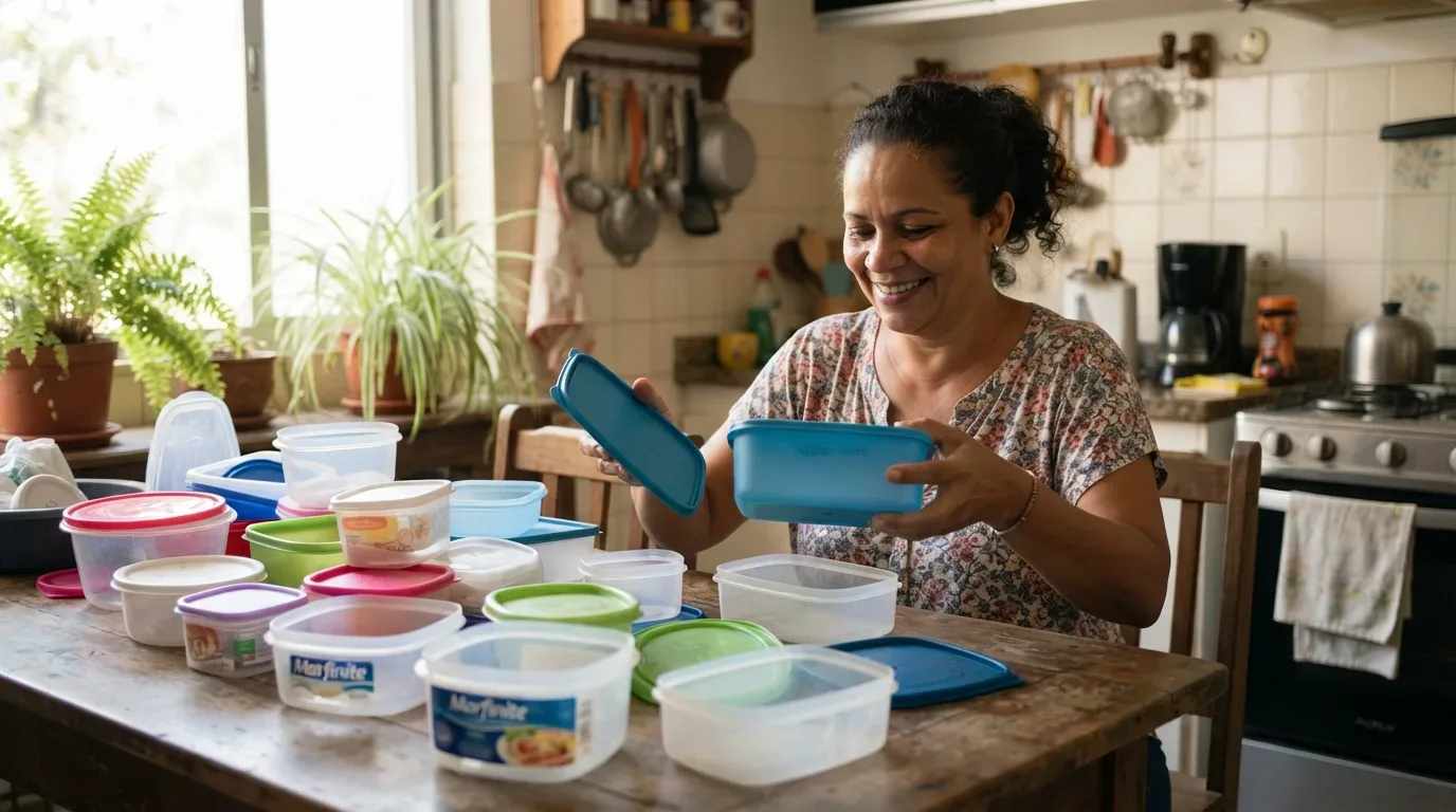 Uma mulher sorridente à mesa de madeira de sua cozinha, organizando e encaixando tampas em diversos potes plásticos de mantimentos. A mesa está recheada de recipientes de vários tamanhos com tampas coloridas em tons de azul, vermelho, verde e branco, em um ambiente caseiro iluminado por uma janela com vasos de plantas.