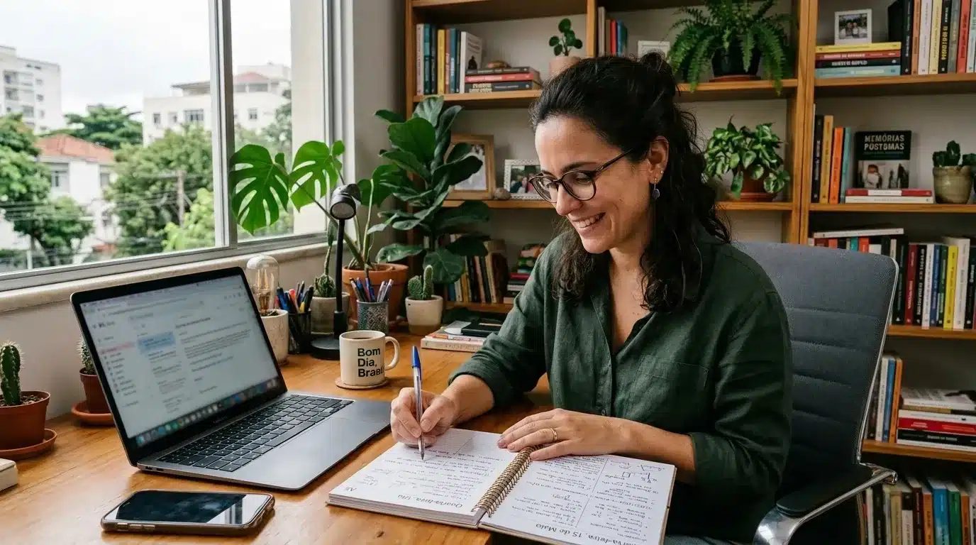Uma mulher sorridente de óculos e camisa verde sentada em seu escritório em casa. Ela faz anotações em um planner de espiral enquanto trabalha ao lado de um notebook aberto, caneca com a frase "Bom Dia, Brasil", smartphone e pequenos cactos, tendo estantes repletas de livros ao fundo.