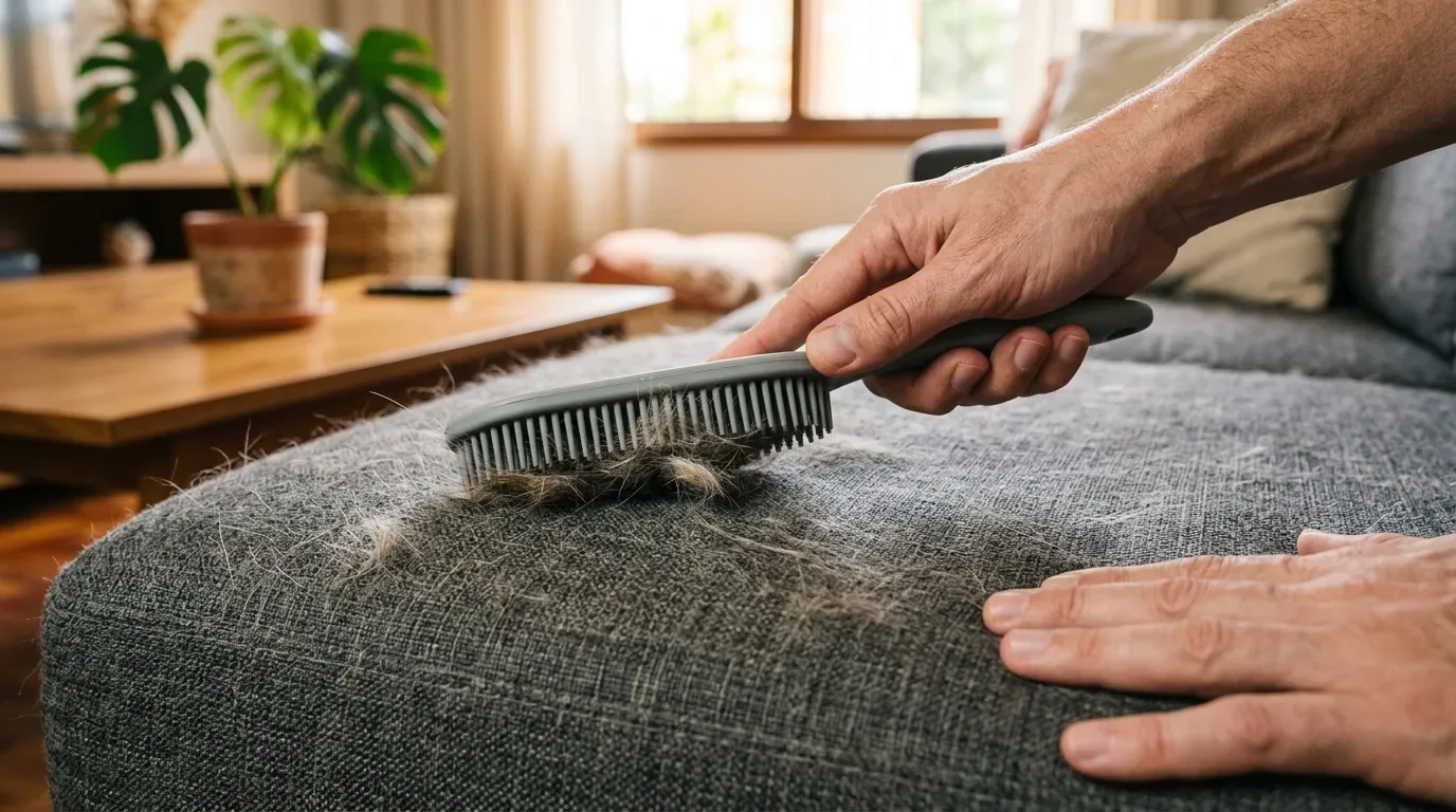 Fotografia em plano detalhado de uma pessoa utilizando uma escova de borracha cinza para remover pelos acumulados de pet do assento de um sofá de tecido cinza-escuro. Ao fundo desfocado, observa-se uma sala de estar iluminada com mesa de centro de madeira e vaso de planta.